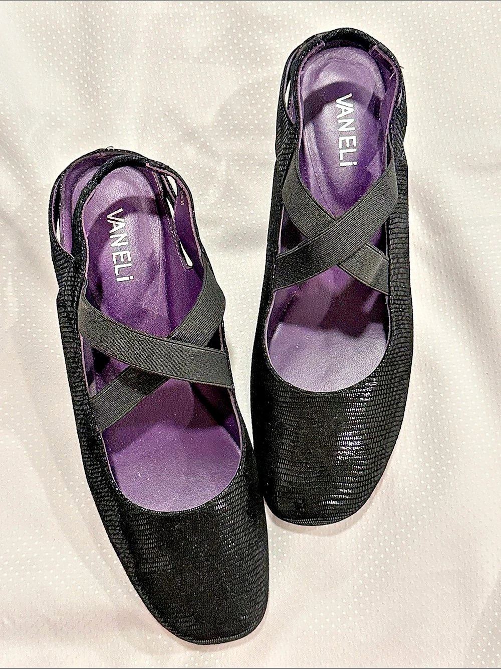 VANELi Purple Collection Marjory Black Lizard Hidden Wedge Flats EUC US 8.5 M